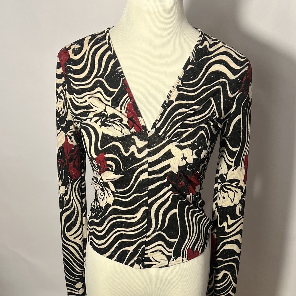 Y2K Vibes Vtg Fairy Wrap Blouse White Red Floral Glitter V-Neck Tag L Fits Small